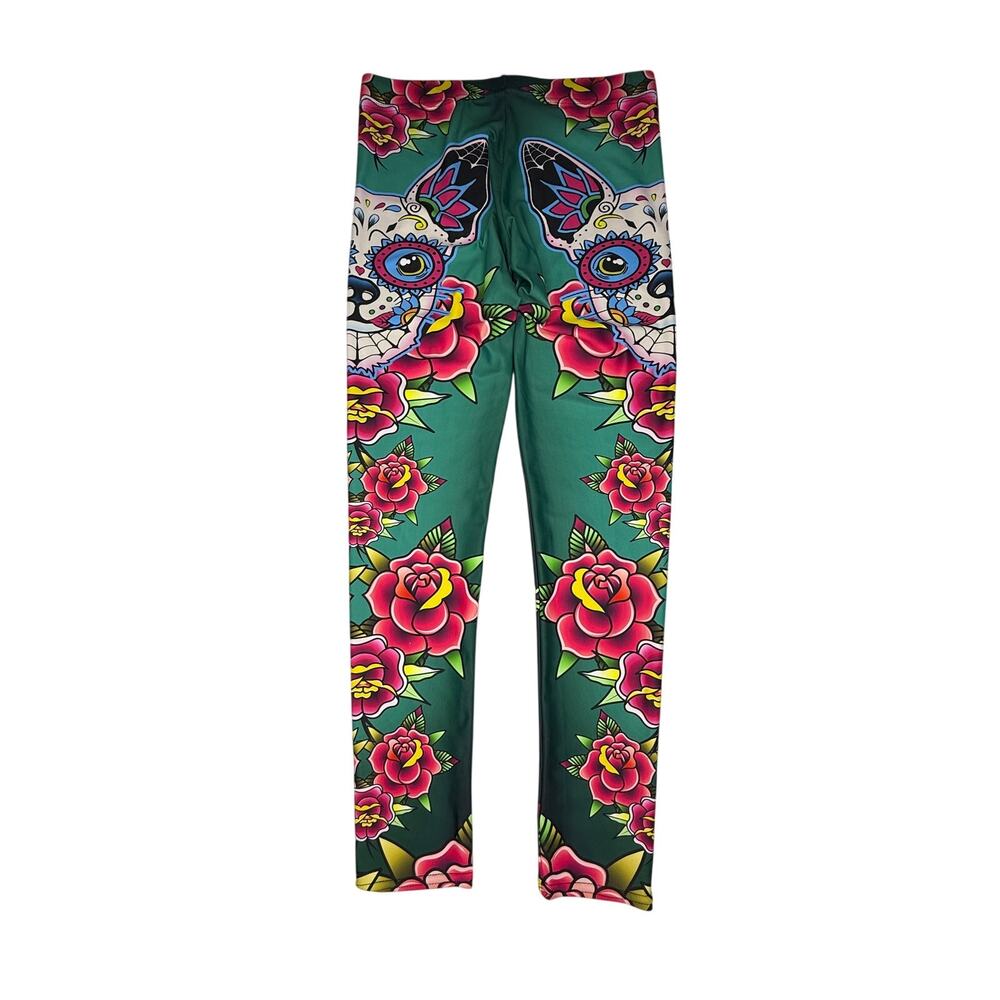 Gear Bunch Sugar Skull Chihuahua leggings vibrant green floral Sz M | NWOT